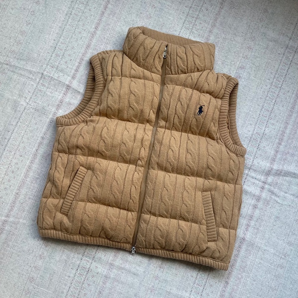 Ralph Lauren Tan Cable-Knit Quilted Puffer Vest